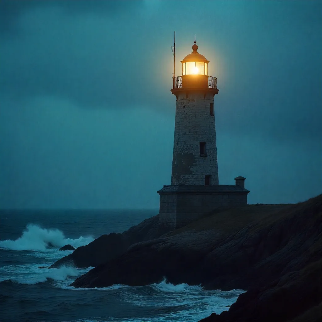 Farol iluminado numa costa rochosa, imagem simbólica de integridade