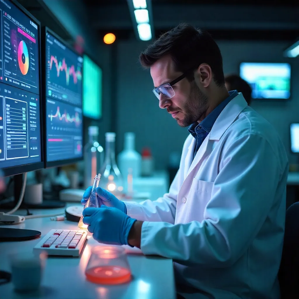 Ilustração de um investigador num laboratório, associada à inovação